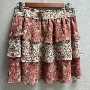 Love Your Mu Mu L  Floral Tiered Mini‎ Skirt Ruffle Boho Chic Cottagecore Skirt